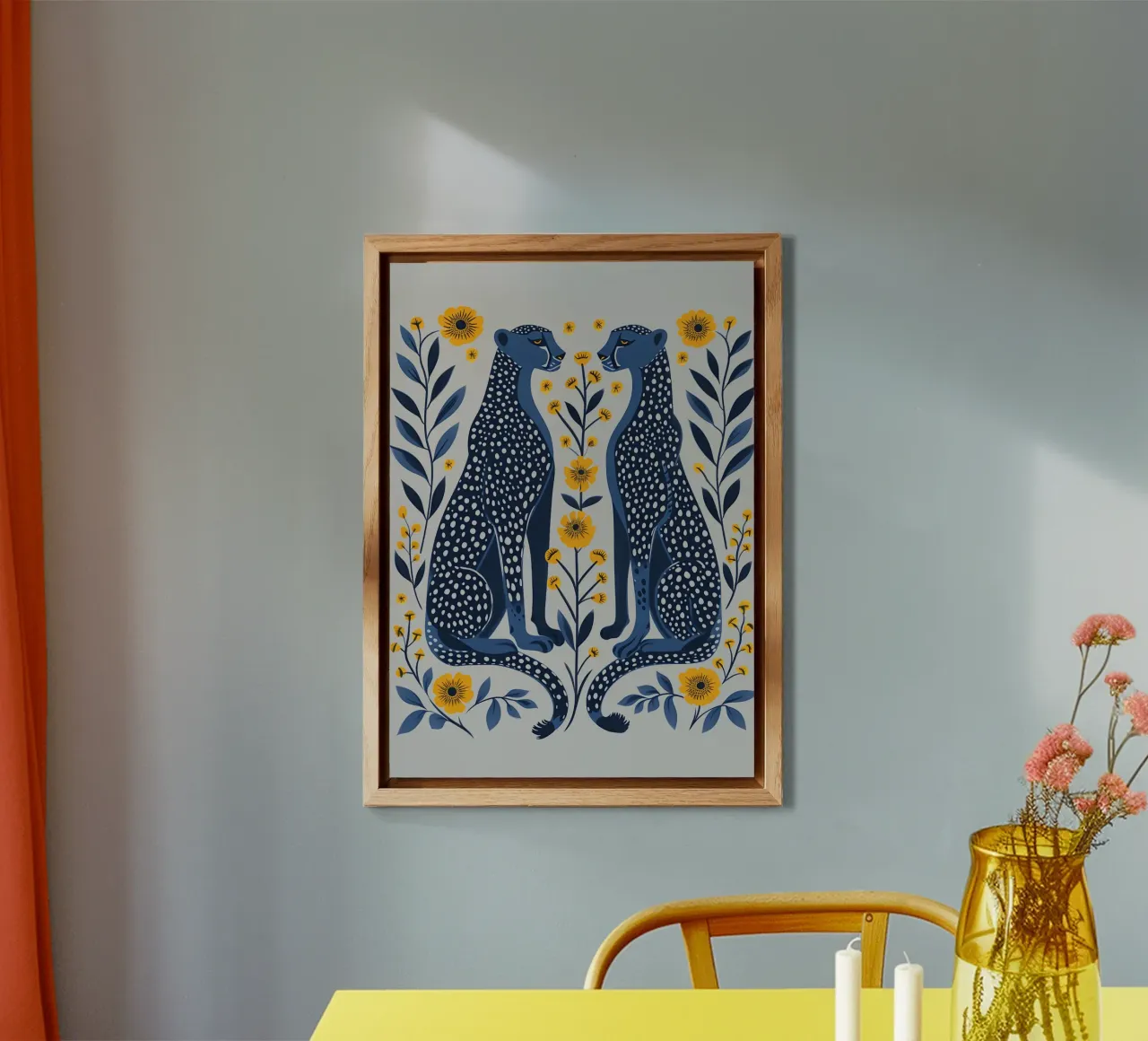 Ghepardi indaco e fiori di calendula - Stampa d'arte popolare alluminio dibond da NorwesClub