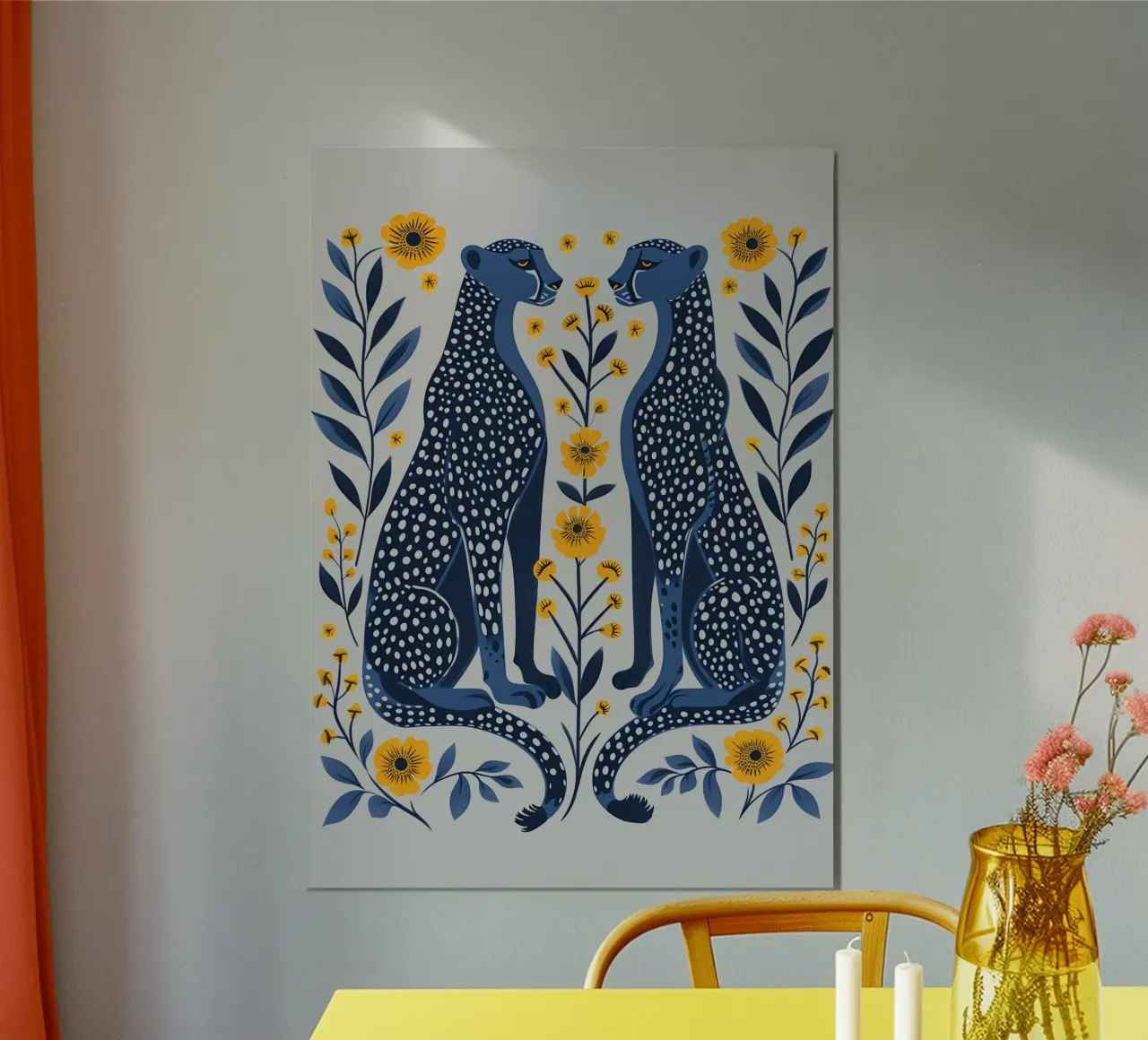 Ghepardi indaco e fiori di calendula - Stampa d'arte popolare alluminio dibond da NorwesClub
