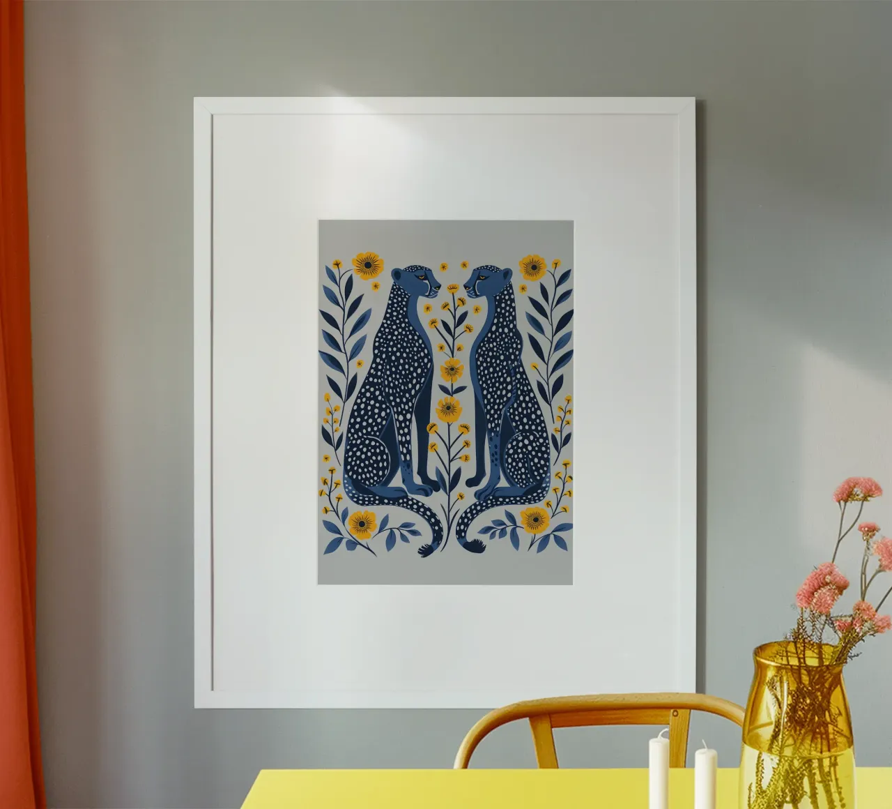 Guepardos índigo y flores de caléndula - Folk Art Print hahnemühle de NorwesClub