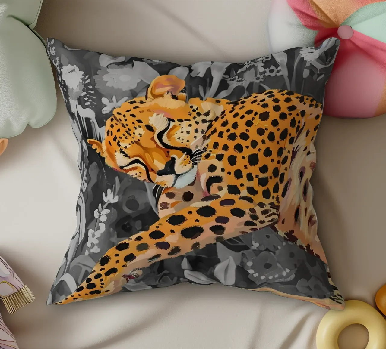 Resting Leopard - Vibrant Jungle Pop Art Print decorative cushion by NorwesClub