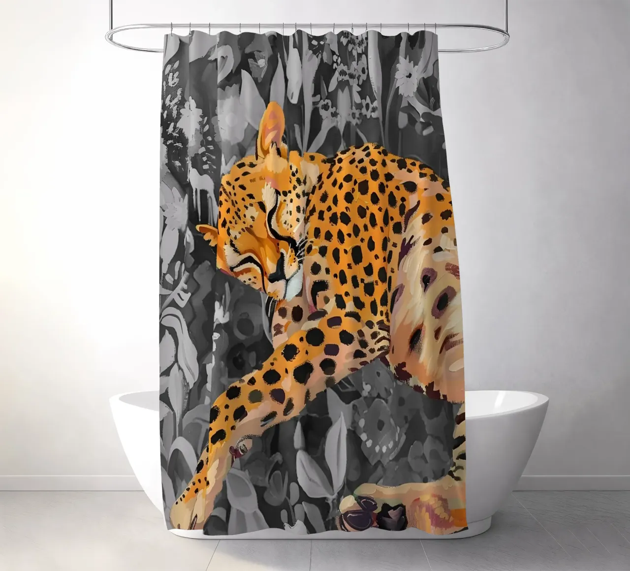 Rustend luipaard - Levendige Jungle Pop Art Print douchegordijn van NorwesClub