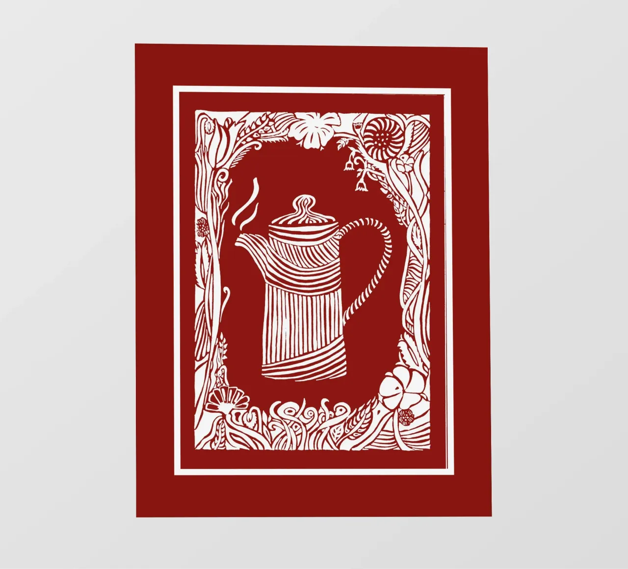 Théière en forme de silhouette blanche sur fond rouge coquelicot film rétro-éclairé de PaperLine Art