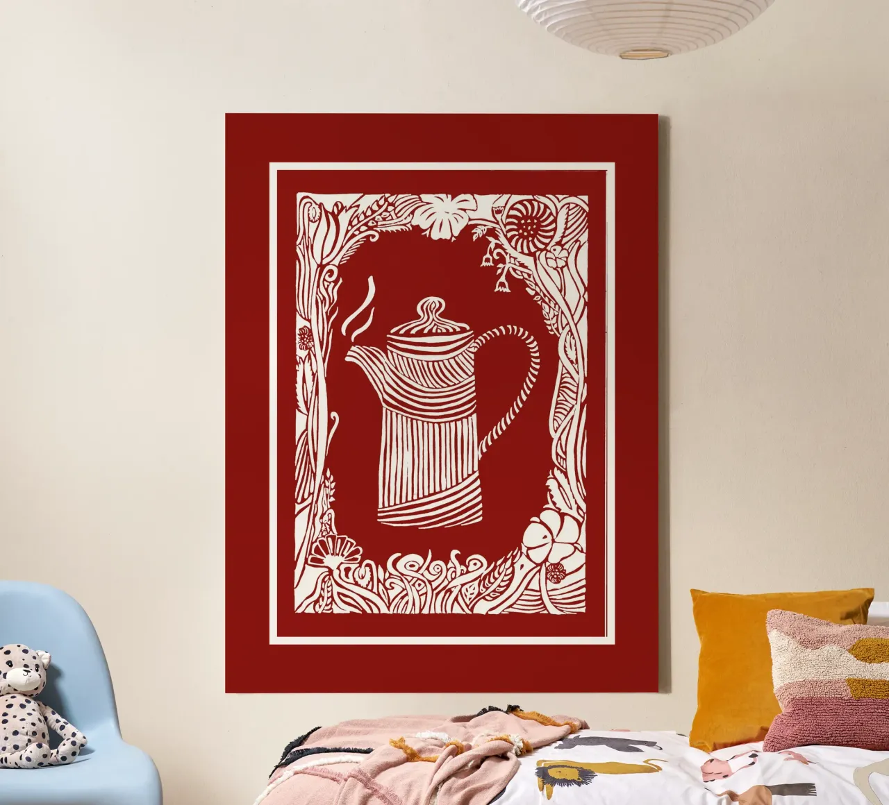 Tetera en silueta, blanca sobre fondo rojo amapola lienzo de PaperLine Art