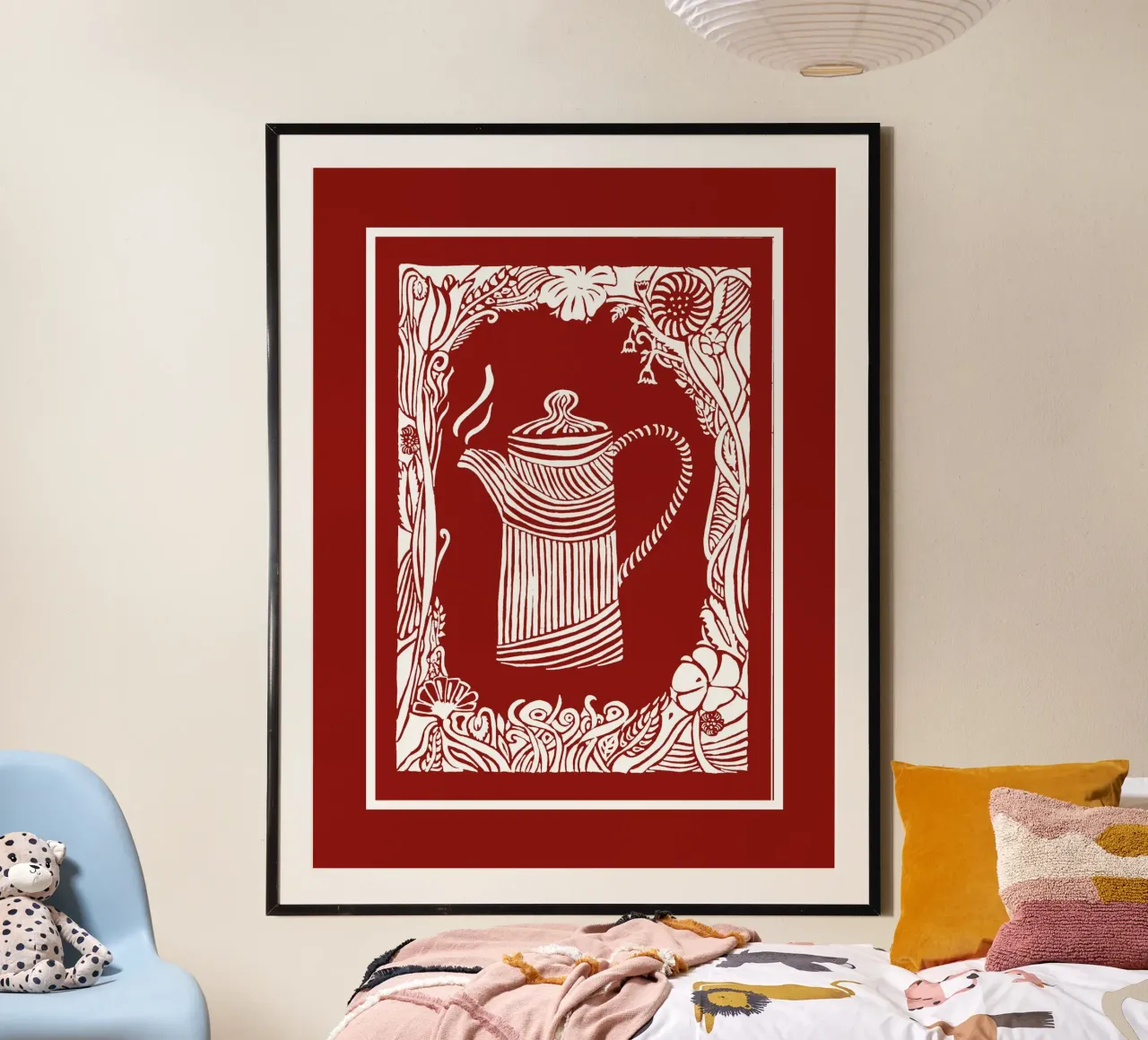 Teekanne in Scherenschnittoptik weiß vor Mohnrotem Grund Hahnemühle von PaperLine Art