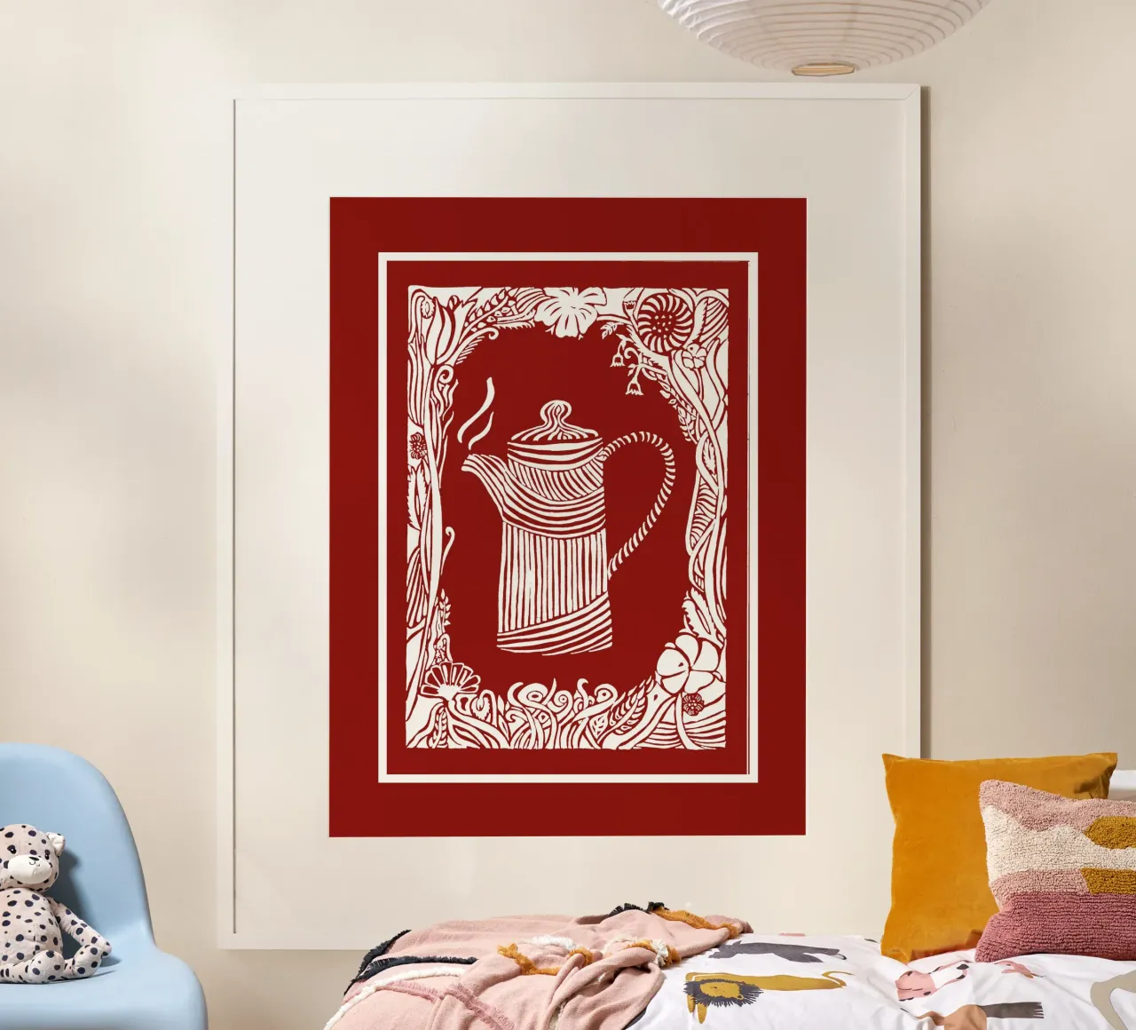 Teekanne in Scherenschnittoptik weiß vor Mohnrotem Grund Hahnemühle von PaperLine Art