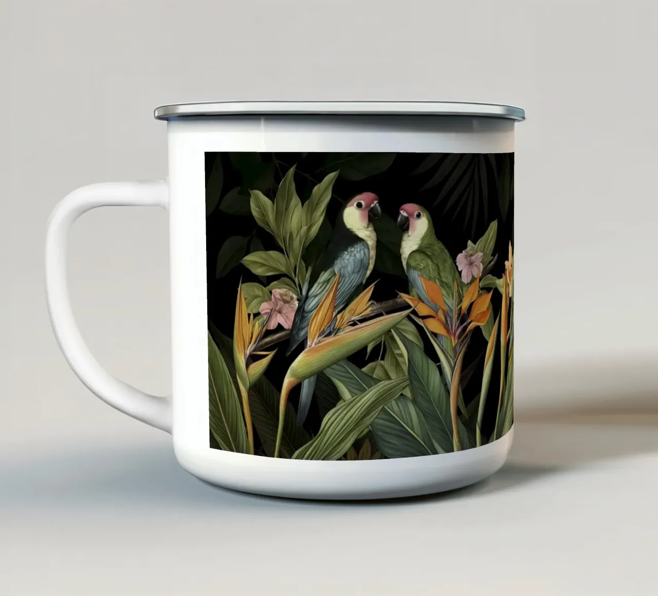 Raccolta di uccelli tropicali verde umido tazza in smalto da Andrea Haase Vintage World