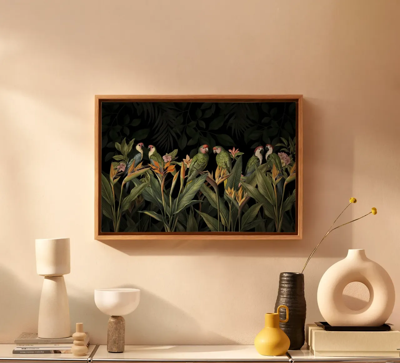 Moody Green Tropical Bird Gathering canvas with Floater frame by Andrea Haase Vintage World