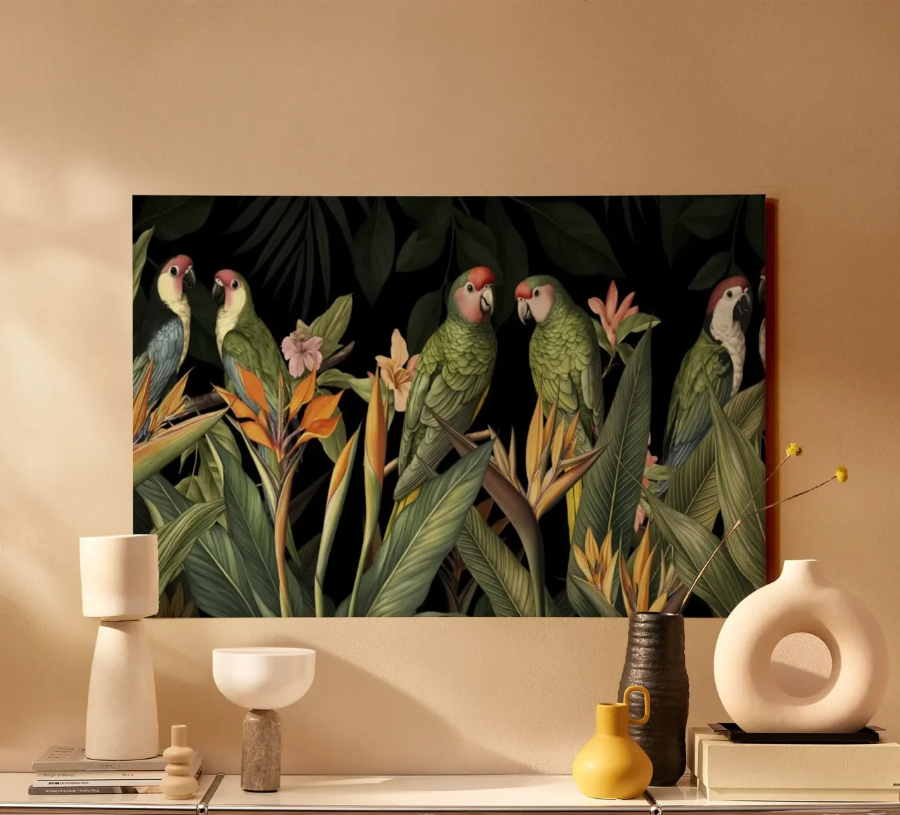Moody Green Tropical Bird Gathering canvas with Floater frame by Andrea Haase Vintage World