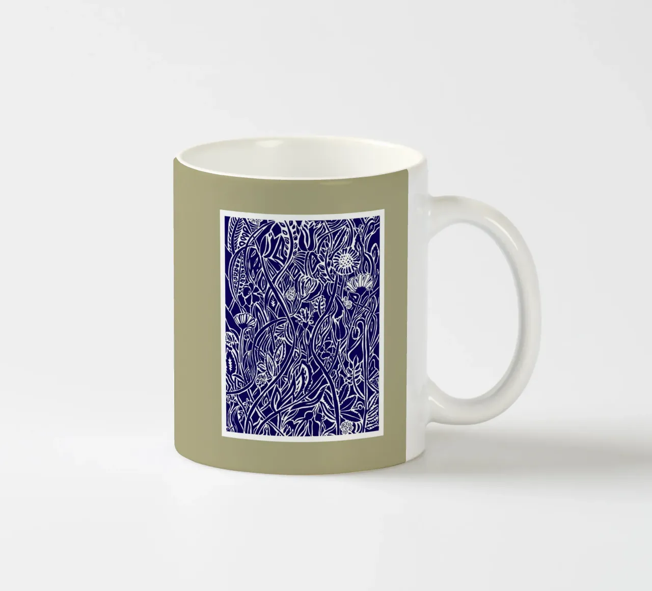 Spätsommerwiese in Scherenschnittoptik weiß auf dunkelblau Keramik Tasse von PaperLine Art
