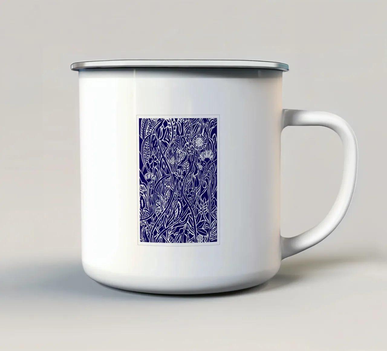 Nazomerweide in silhouet kijk wit op donkerblauw emaille mok van PaperLine Art