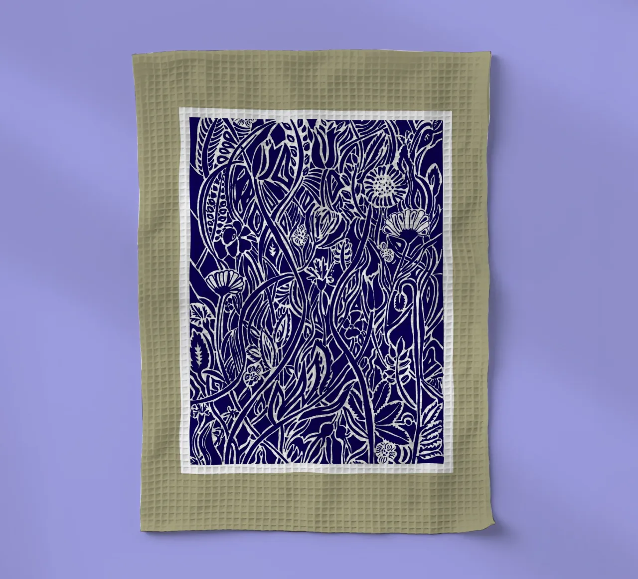 Spätsommerwiese in Scherenschnittoptik weiß auf dunkelblau Geschirrtuch von PaperLine Art