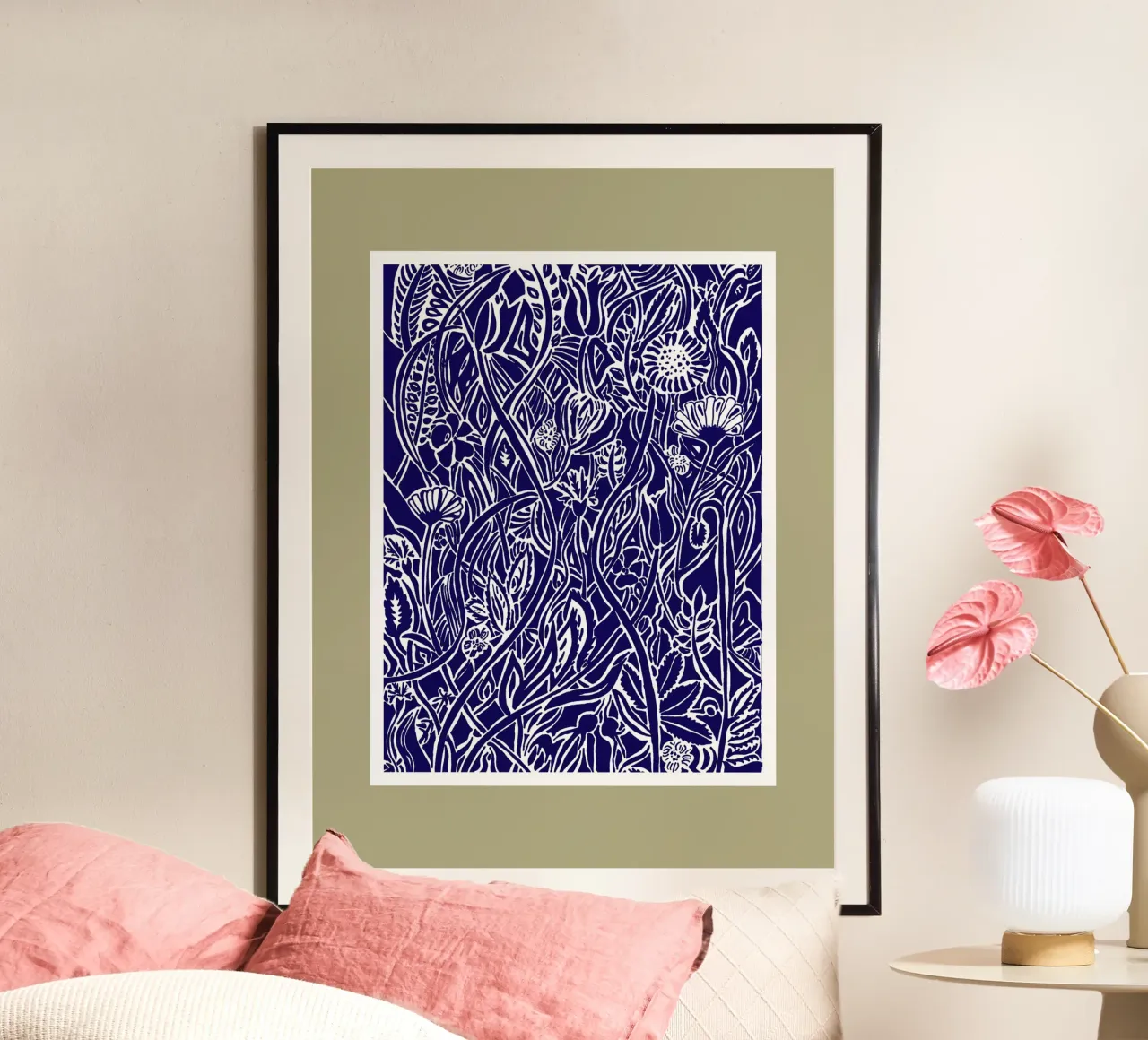 Spätsommerwiese in Scherenschnittoptik weiß auf dunkelblau Hahnemühle von PaperLine Art