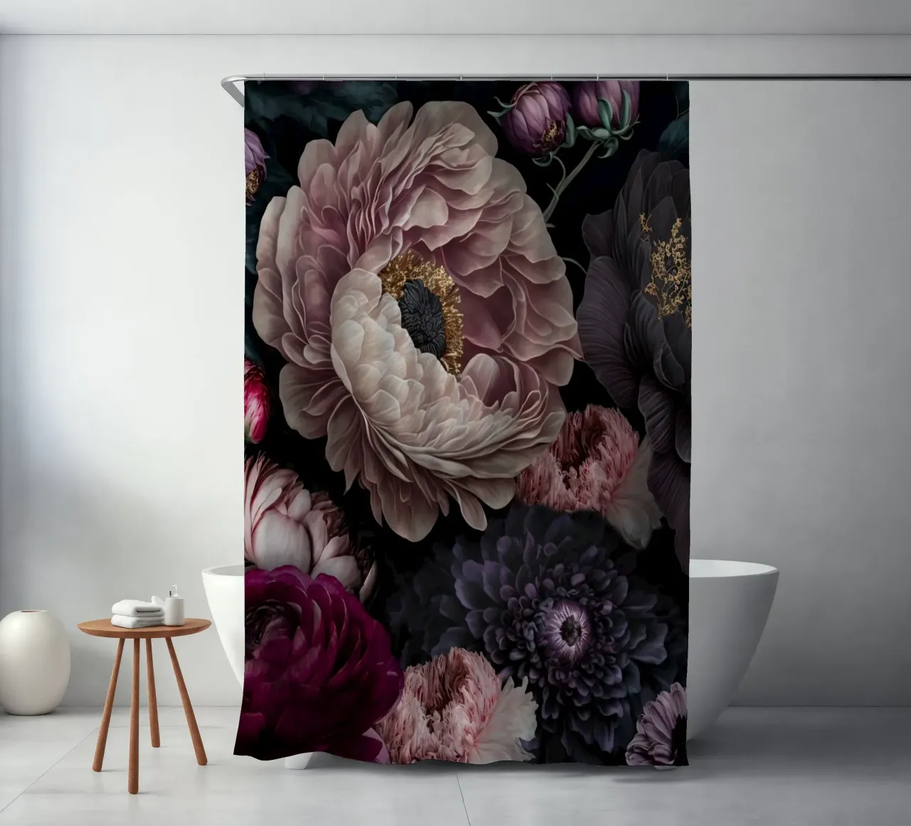Nocturnal Bloomscape Dark Baroque Flowers shower curtain by Andrea Haase Vintage World