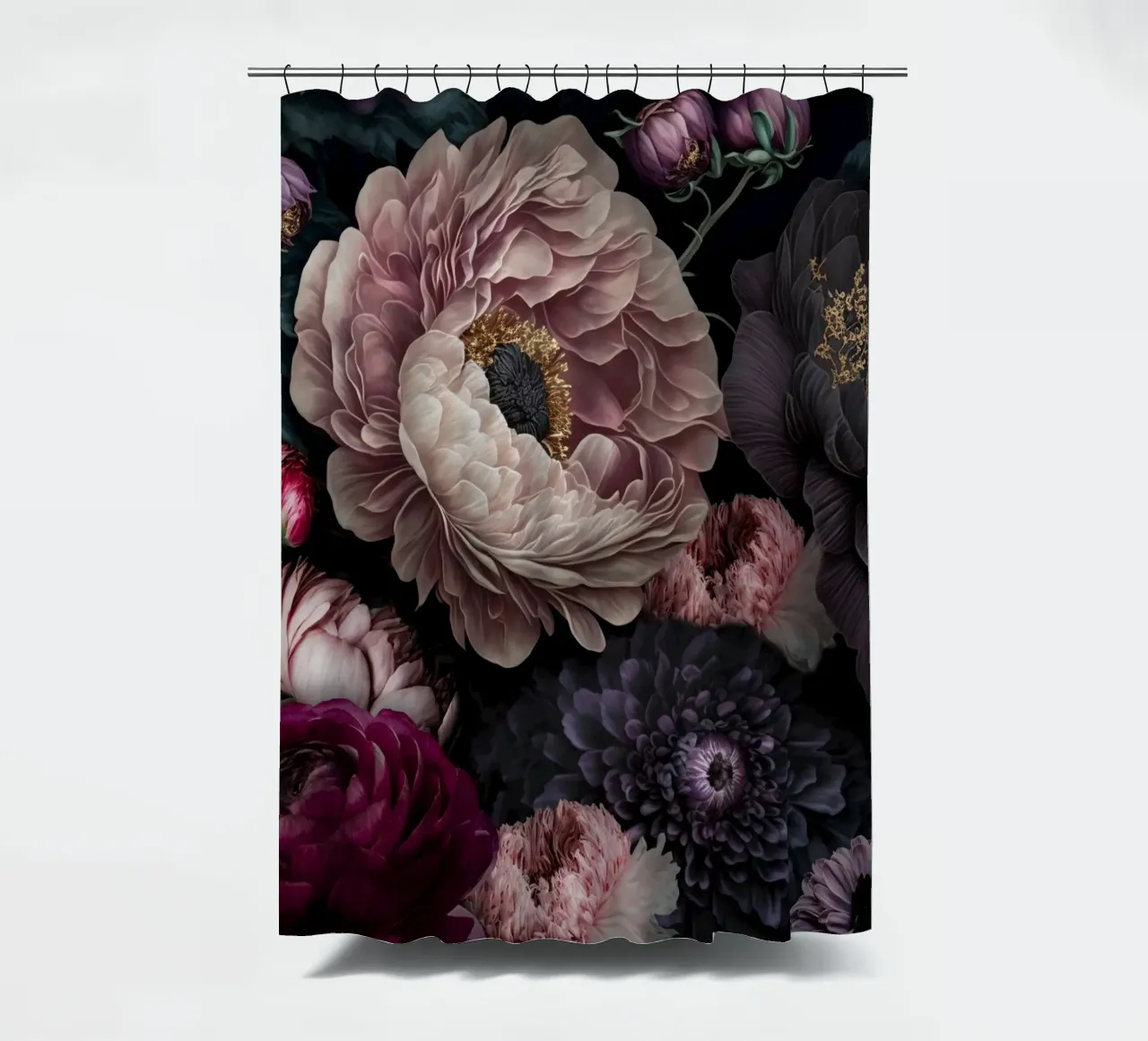 Nocturnal Bloomscape Dark Baroque Flowers shower curtain by Andrea Haase Vintage World
