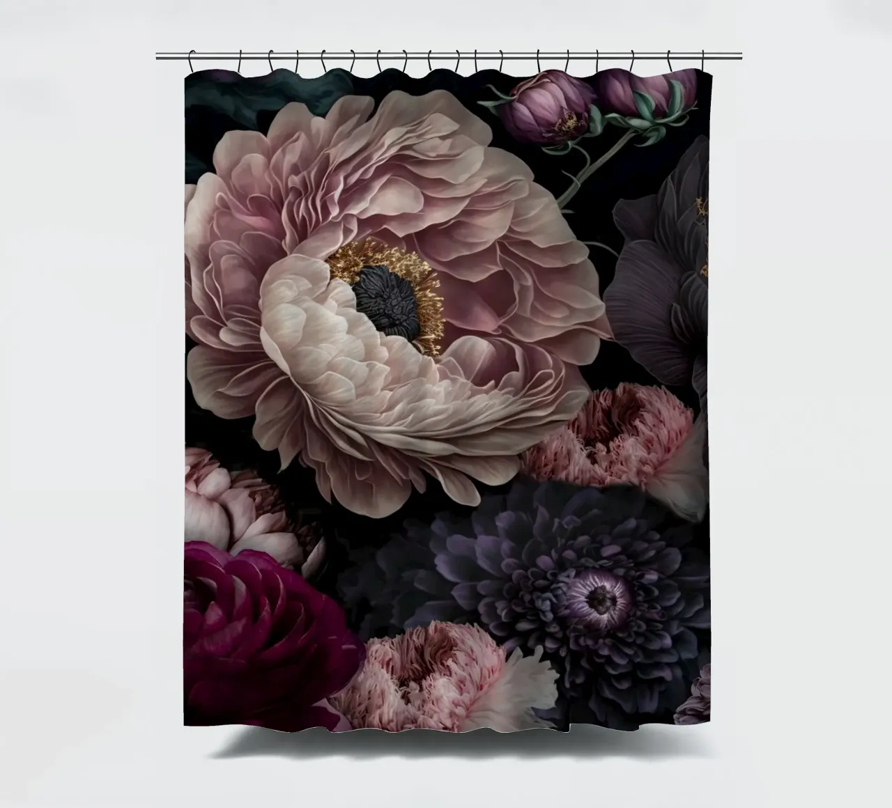 Nocturnal Bloomscape Dark Baroque Flowers shower curtain by Andrea Haase Vintage World