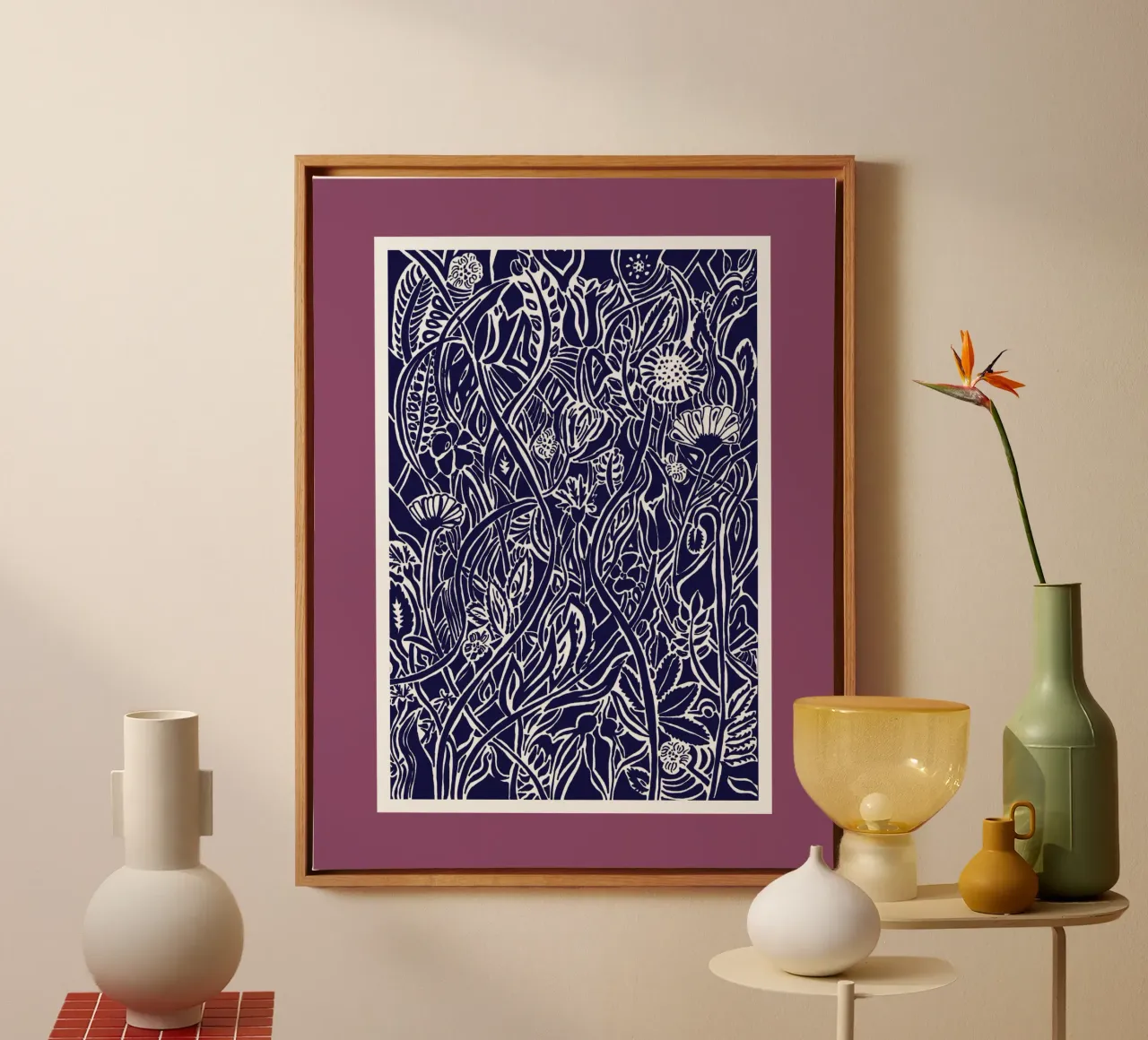Nazomerweide in silhouet, wit tegen donkerblauw canvas met Baklijst van PaperLine Art
