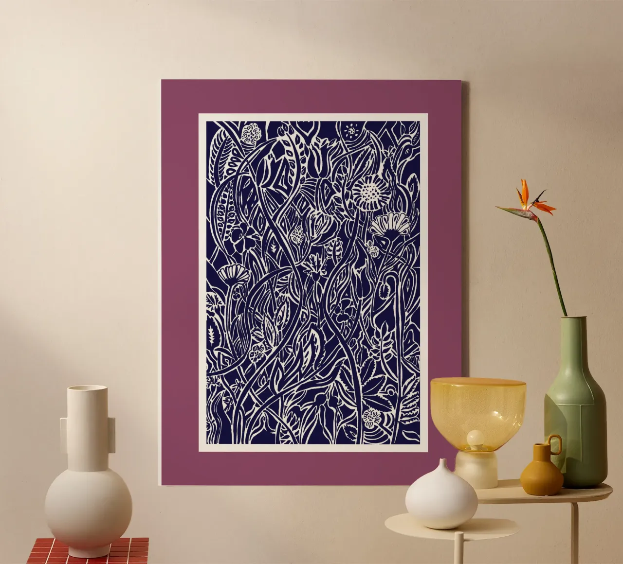 Nazomerweide in silhouet, wit tegen donkerblauw canvas met Baklijst van PaperLine Art