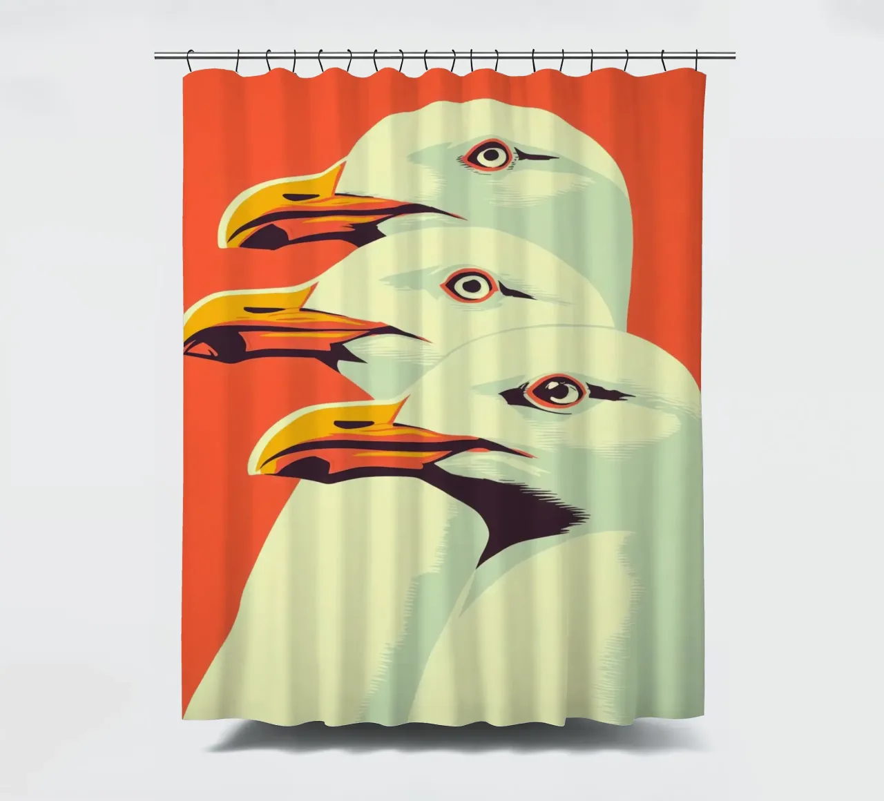 Seagull trio in vintage poster style | Maritime retro design shower curtain by Autofocus