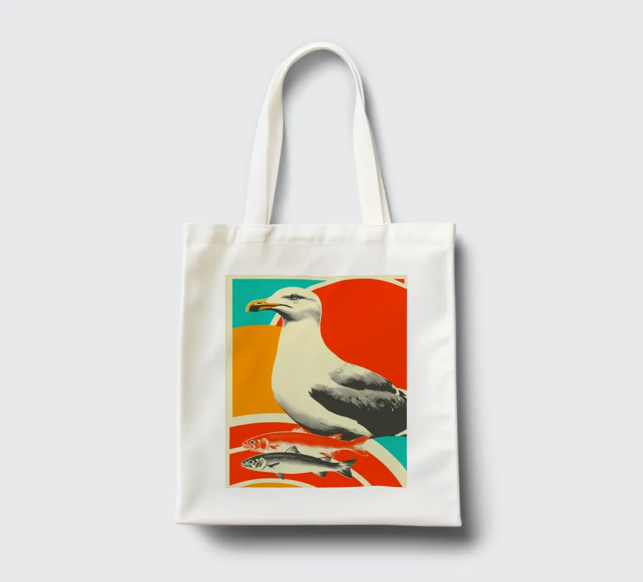 A seagull with two fish - Nostalgic maritime screen printing tote bag by Autofocus
