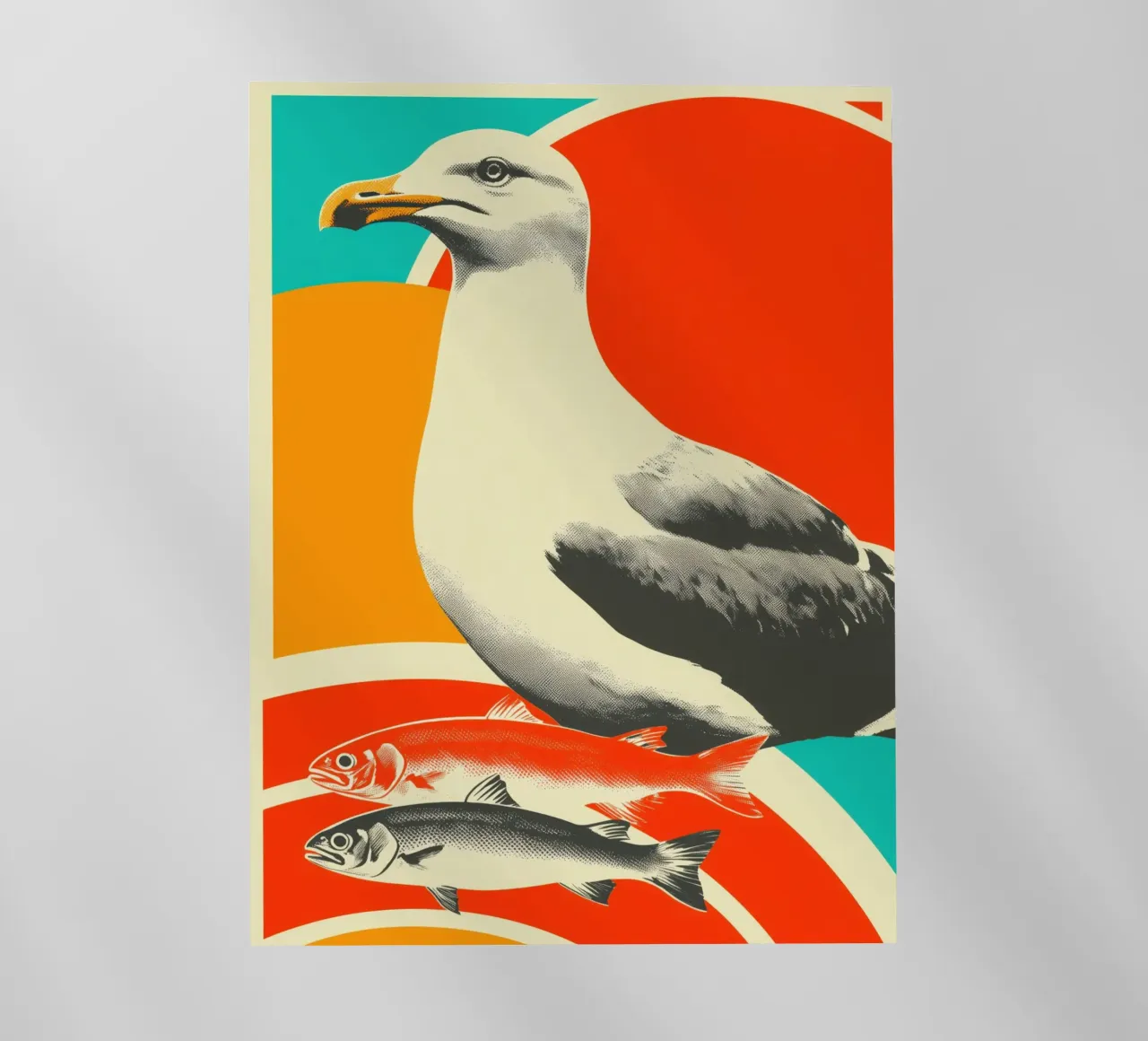 A seagull with two fish - Nostalgic maritime screen printing backlit film by Autofocus