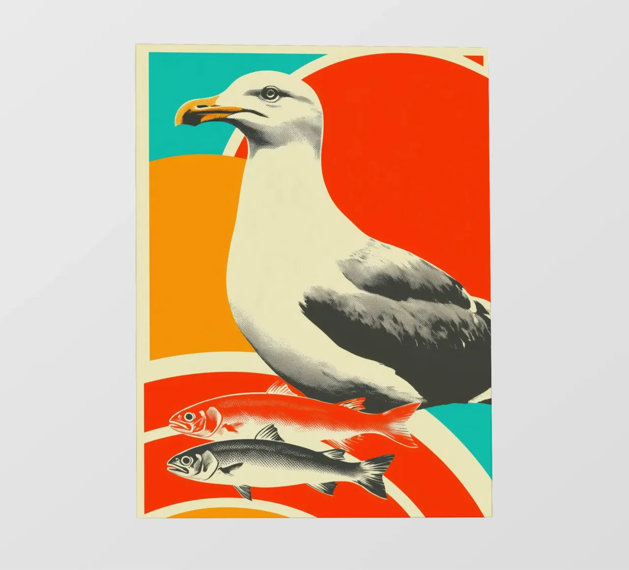 A seagull with two fish - Nostalgic maritime screen printing backlit film by Autofocus