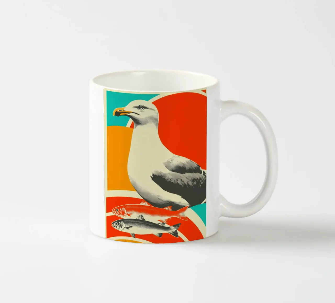 Un gabbiano con due pesci - serigrafia marittima nostalgica tazza in ceramica da Autofocus