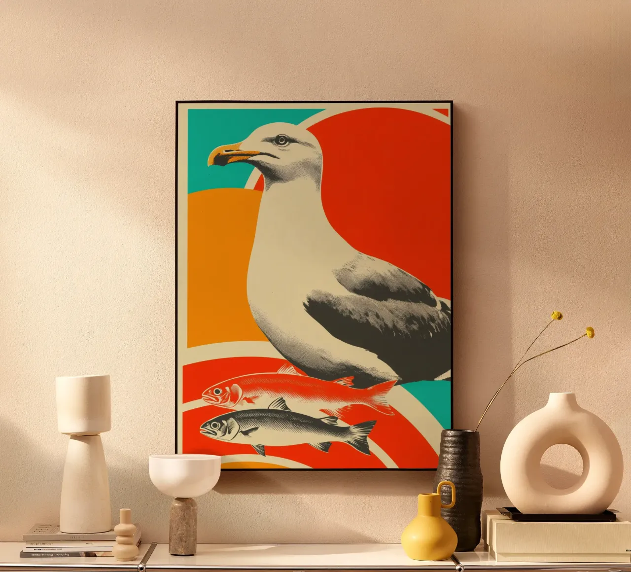 Une mouette avec deux poissons - Sérigraphie maritime Nostalgie plexiglas de Autofocus