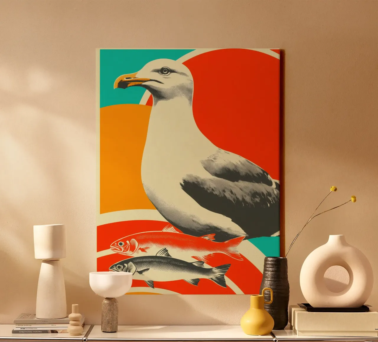 A seagull with two fish - Nostalgic maritime screen printing canvas by Autofocus