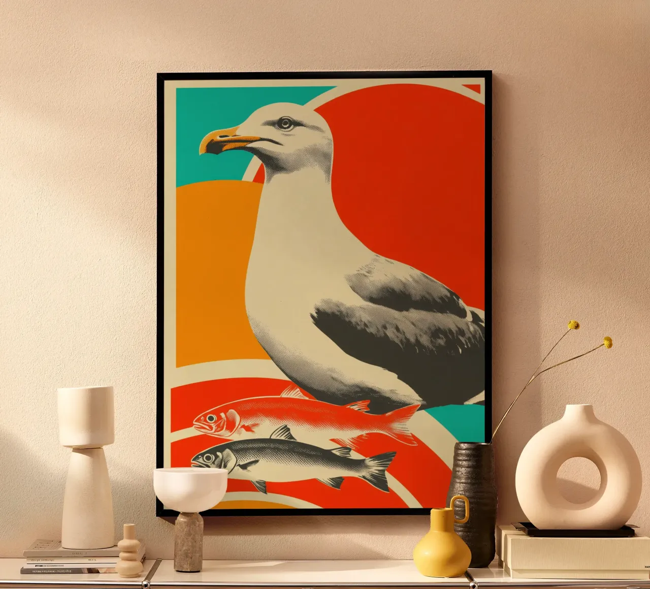 A seagull with two fish - Nostalgic maritime screen printing hahnemühle by Autofocus