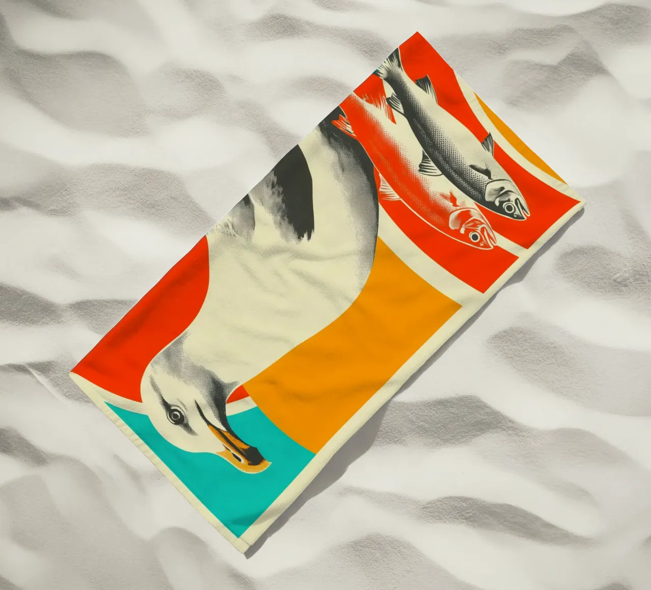 A seagull with two fish - Nostalgic maritime screen printing beach towel by Autofocus