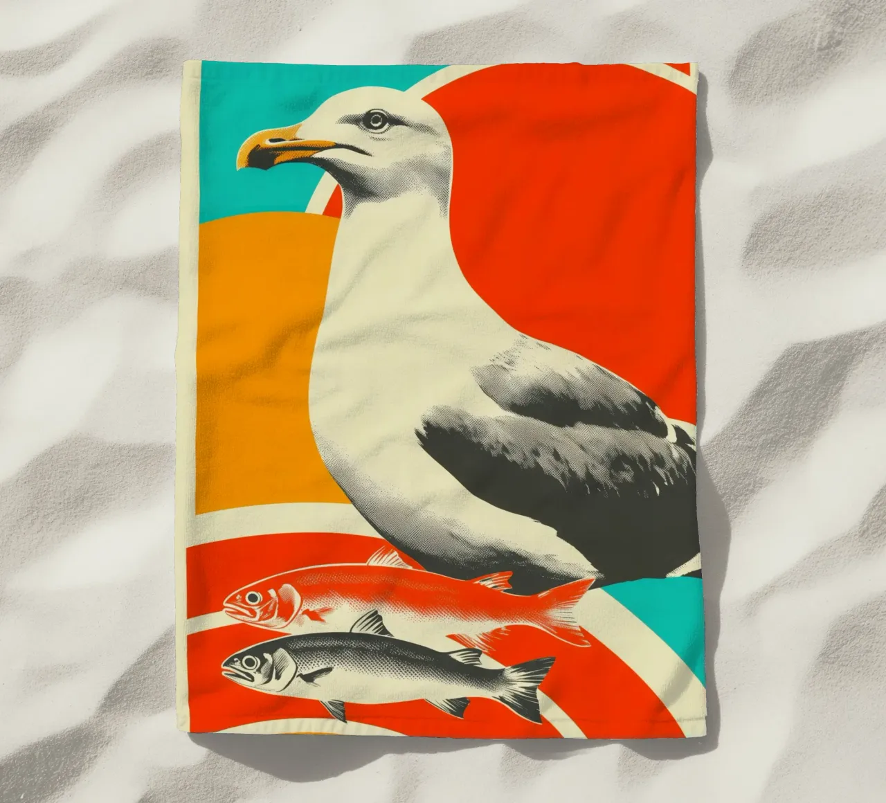 A seagull with two fish - Nostalgic maritime screen printing beach towel by Autofocus