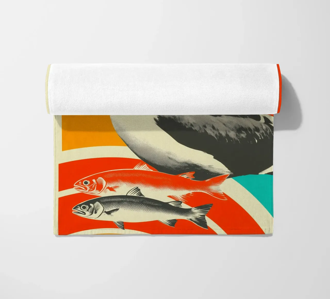 A seagull with two fish - Nostalgic maritime screen printing beach towel by Autofocus