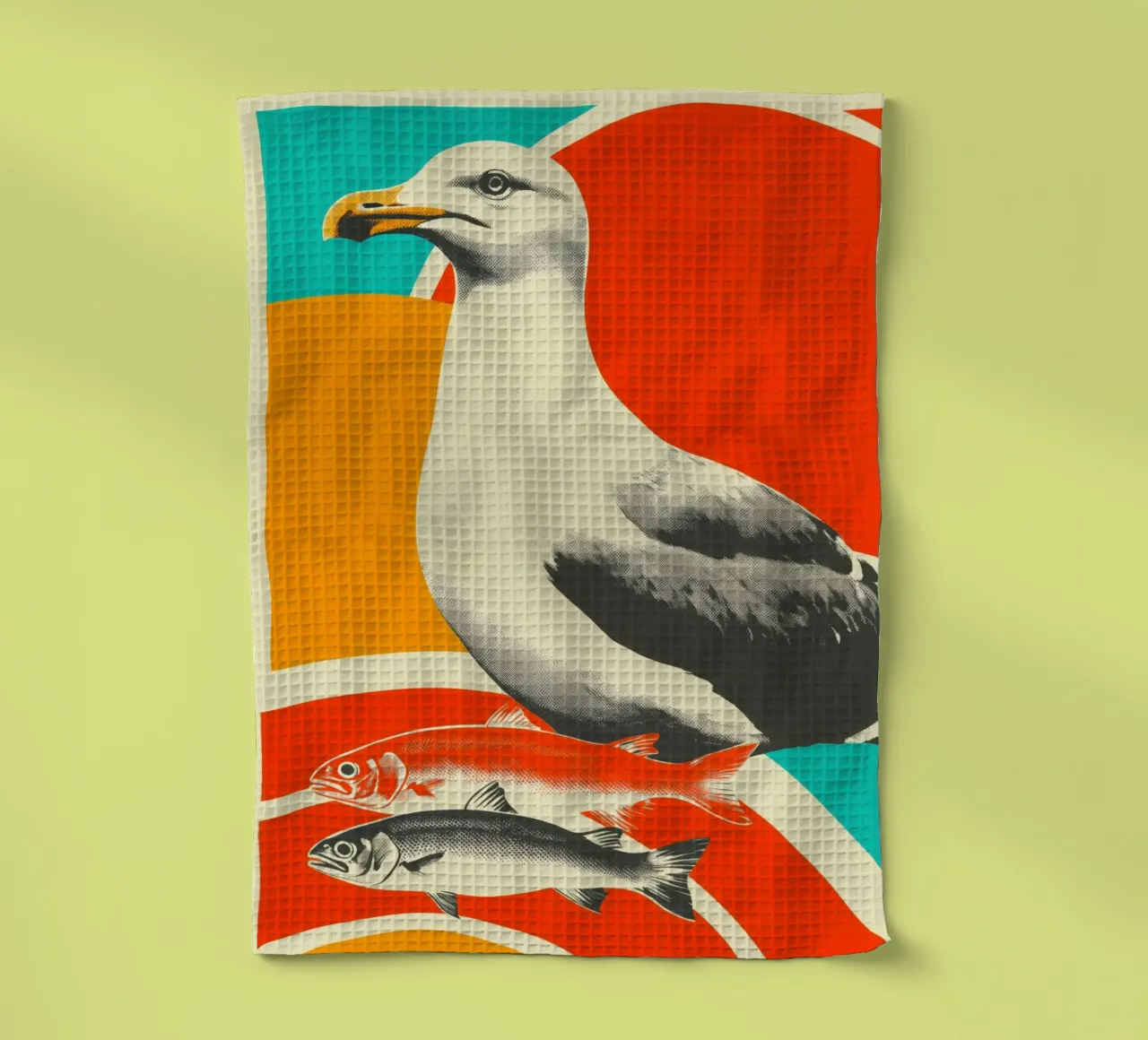 Une mouette avec deux poissons - Sérigraphie maritime Nostalgie torchon de Autofocus