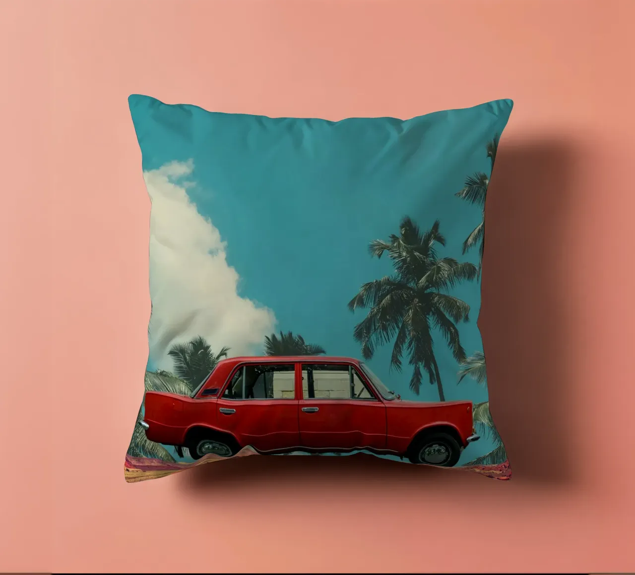Viaggio tropicale in auto rossa cuscino da Berwies Artwork