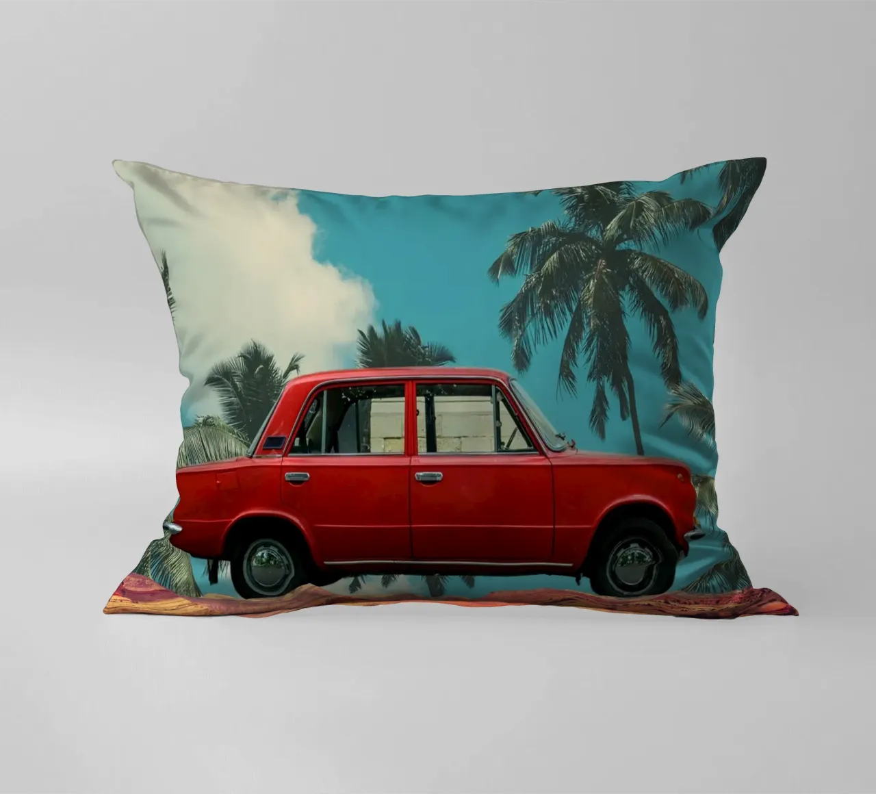 Viaggio tropicale in auto rossa cuscino da Berwies Artwork