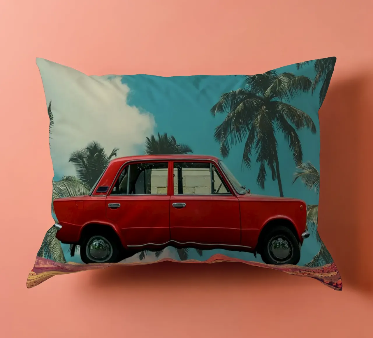 Viaggio tropicale in auto rossa cuscino da Berwies Artwork
