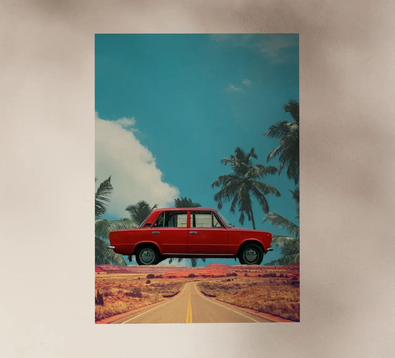 Viaggio tropicale in auto rossa pellicola backlit da Berwies Artwork