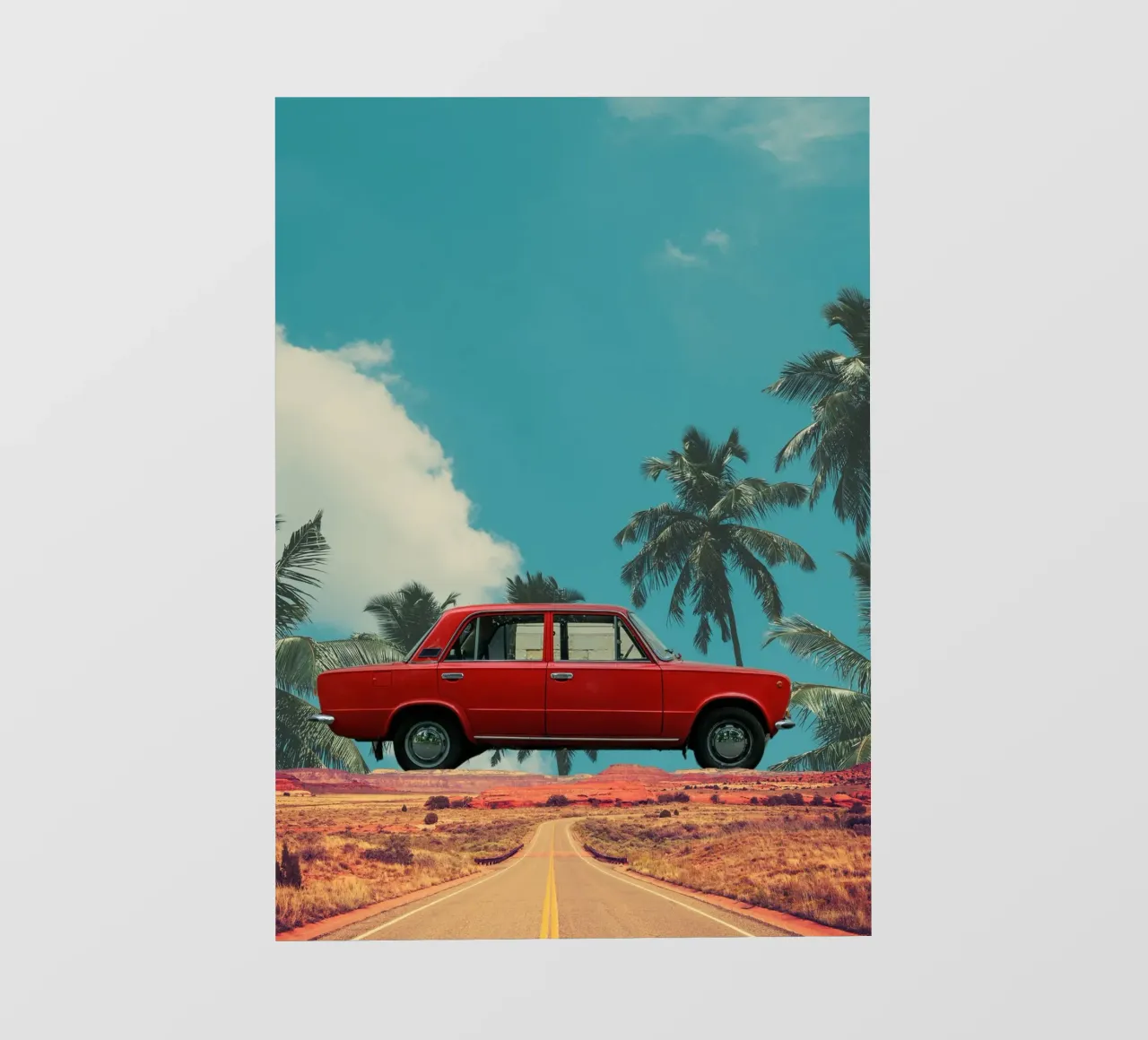 Viaggio tropicale in auto rossa pellicola backlit da Berwies Artwork