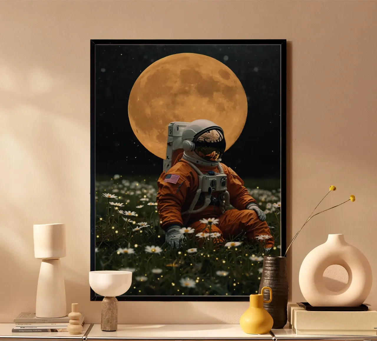 Astronauta in un campo di margherite con la luna poster da Berwies Artwork