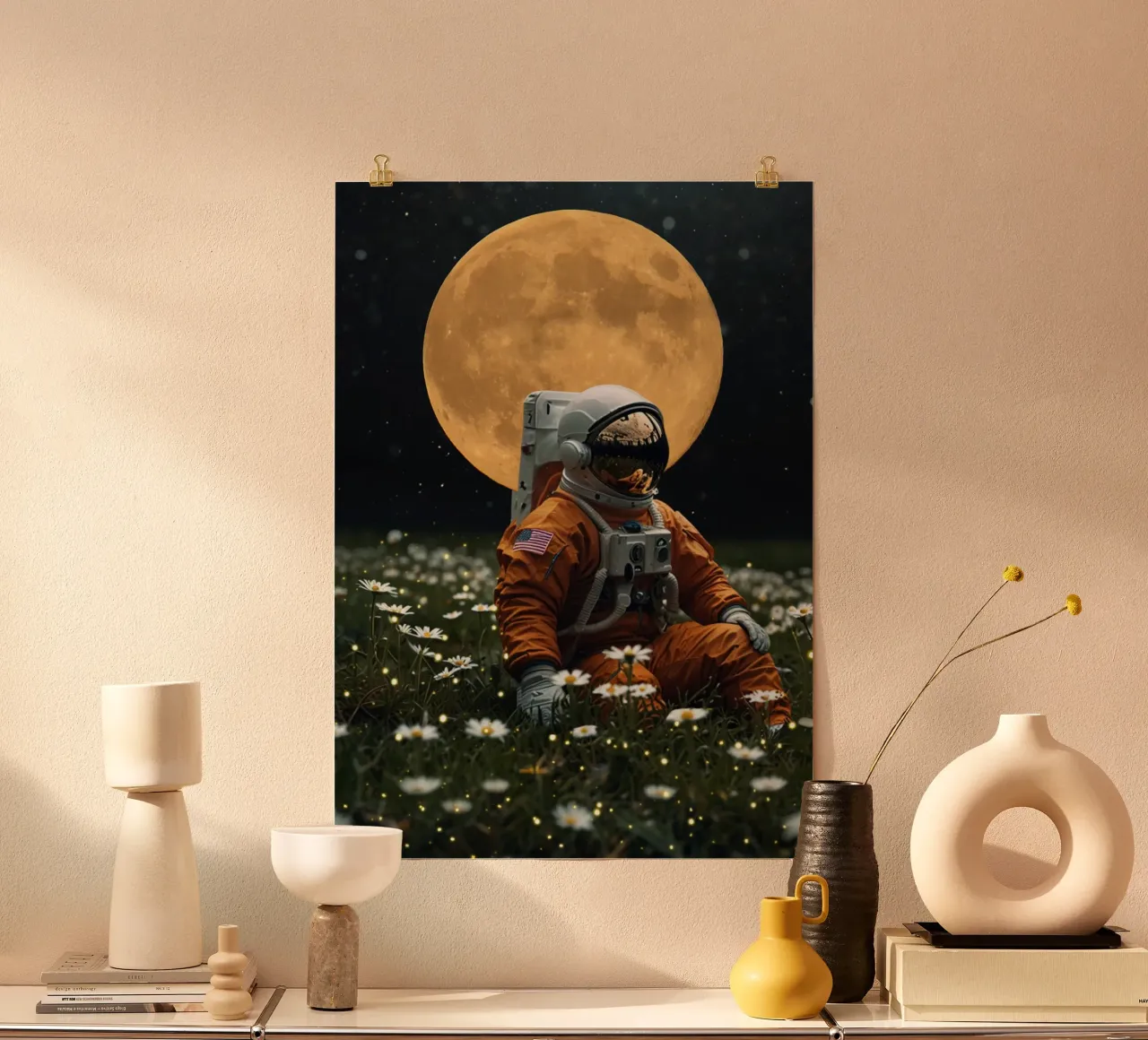 Astronauta in un campo di margherite con la luna poster da Berwies Artwork