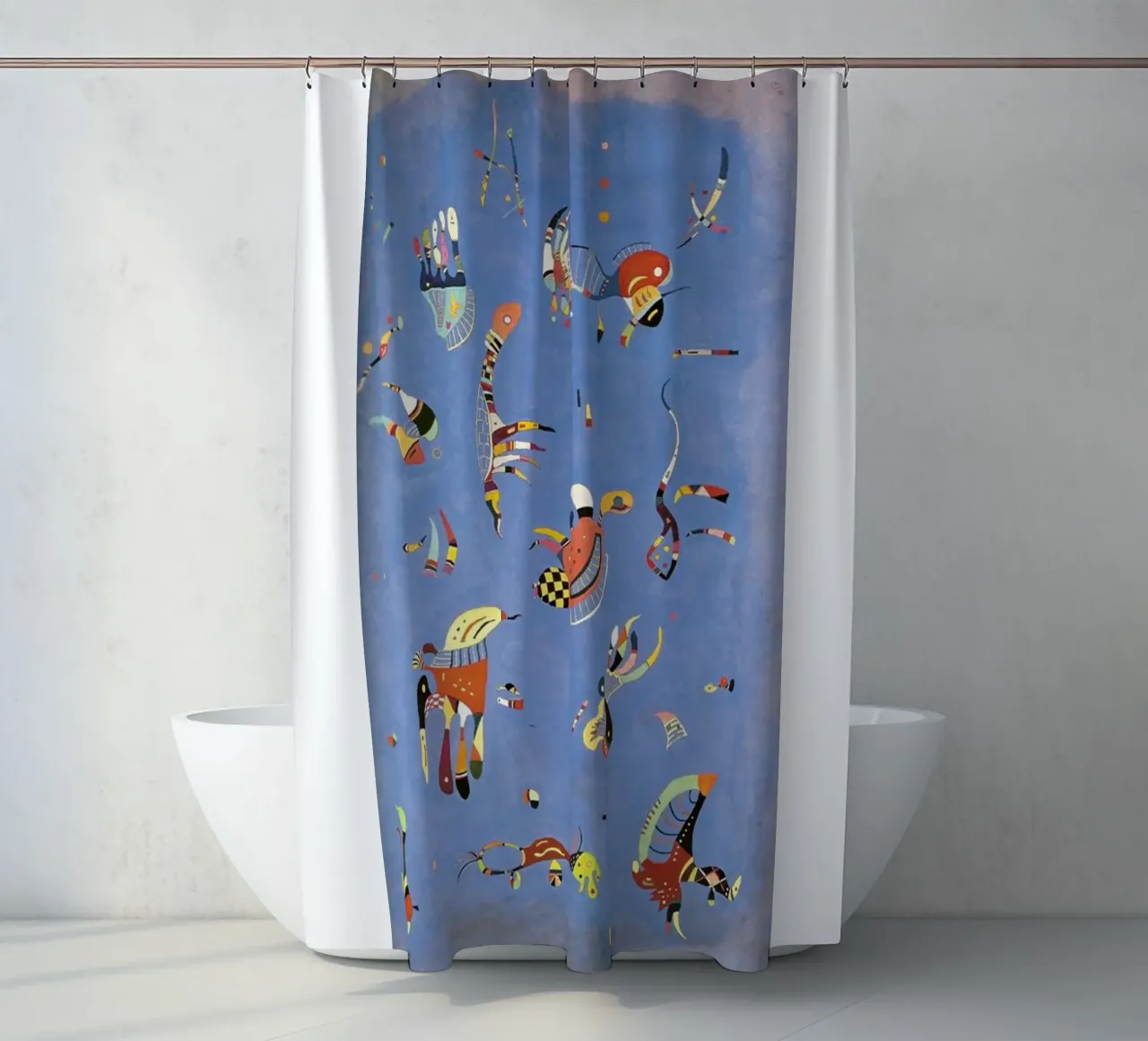 multicolored pieces floating objects shower curtain by lara shop