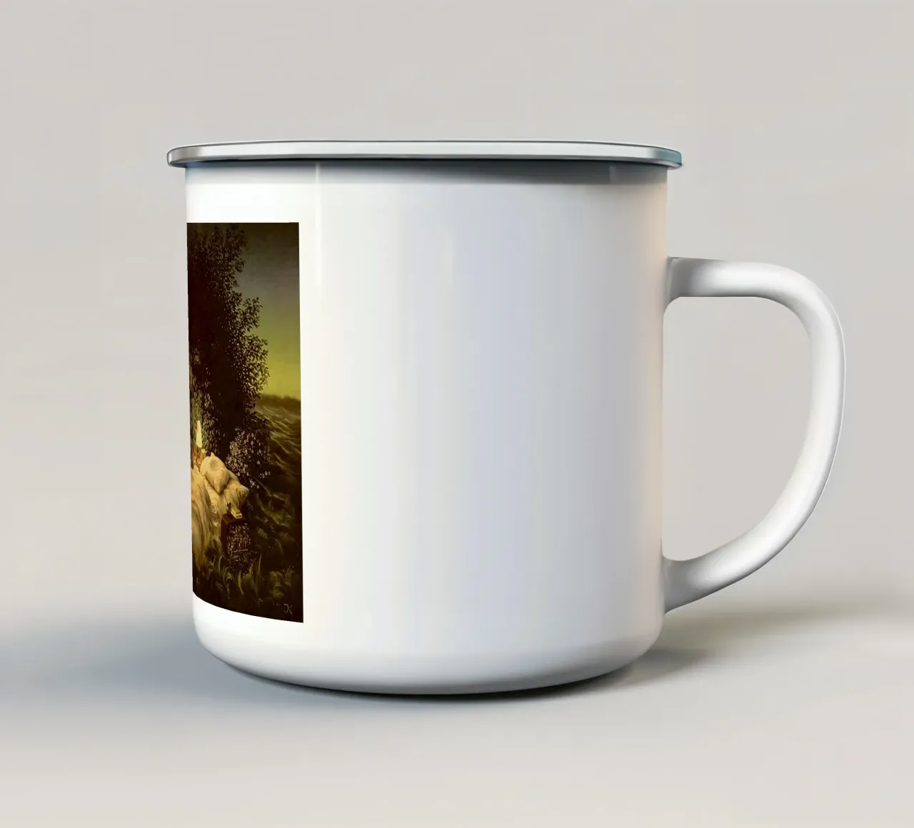L'amore è un'illusione Di Jacek Yerka tazza in smalto da Trudeau Art Galley
