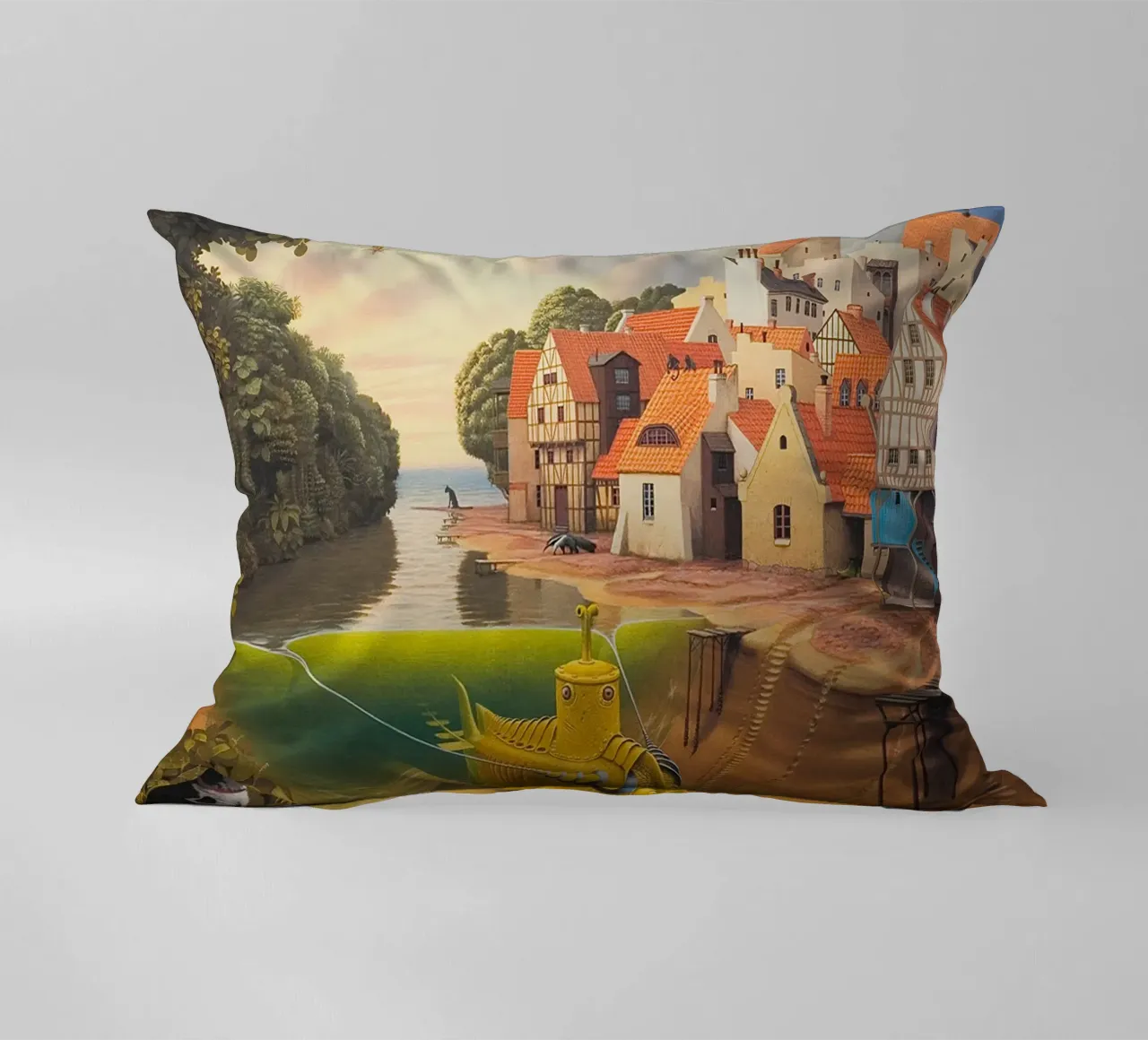 River in The Village By Jacek Yerka decorative cushion by Trudeau Art Galley