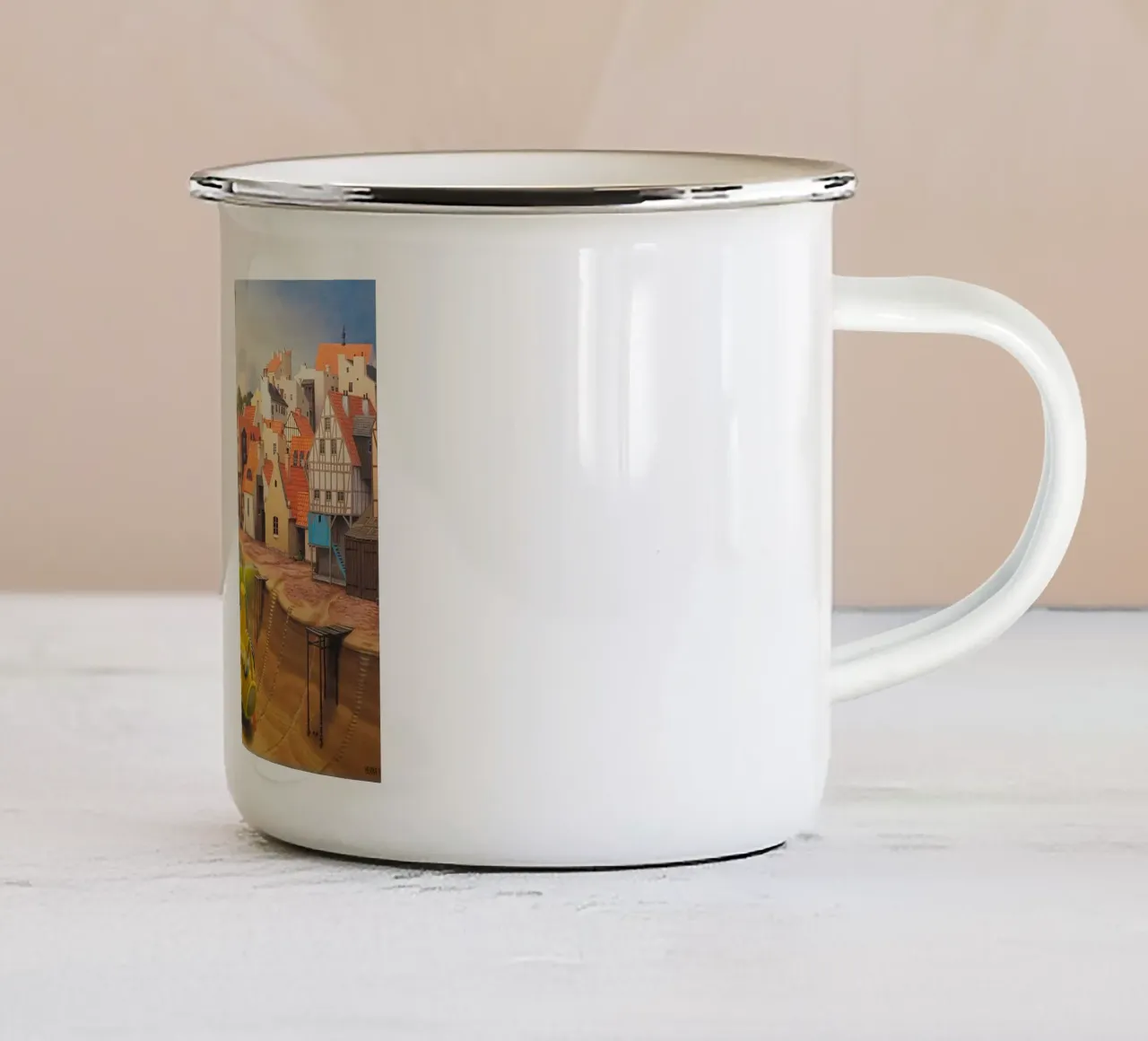 River in The Village By Jacek Yerka enamel mug by Trudeau Art Galley