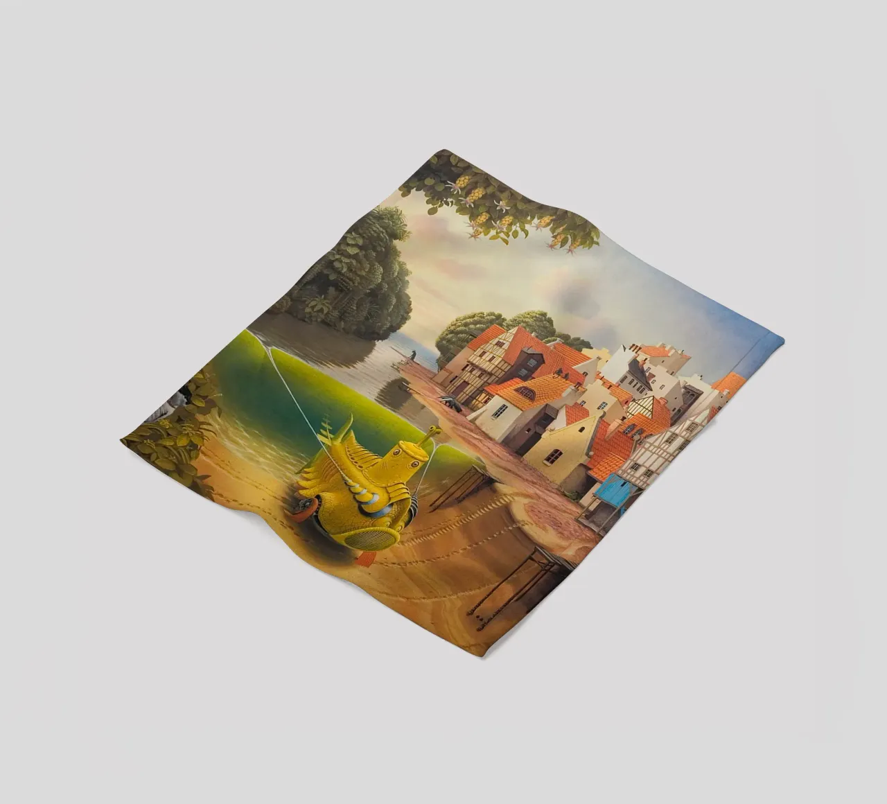 River in The Village By Jacek Yerka fleece blanket by Trudeau Art Galley