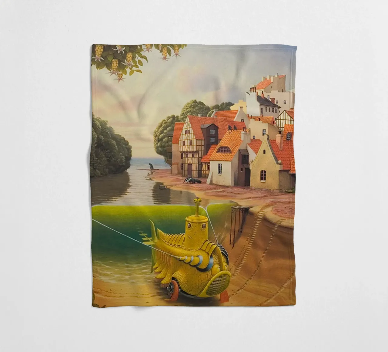 River in The Village By Jacek Yerka fleece blanket by Trudeau Art Galley