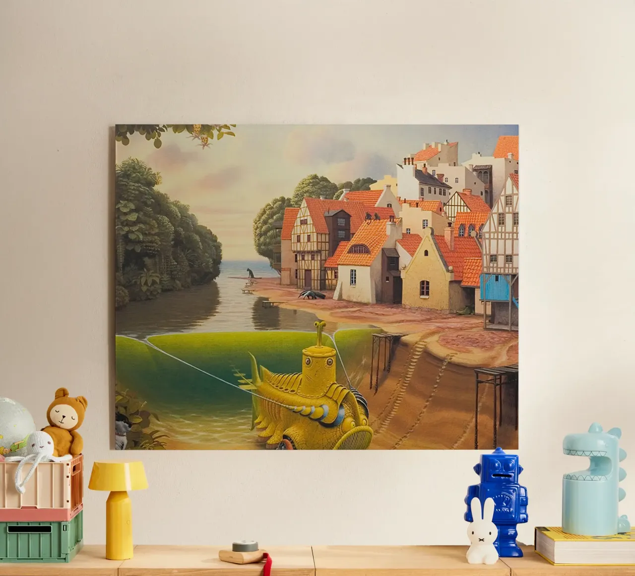 River in The Village By Jacek Yerka acrylic glass by Trudeau Art Galley