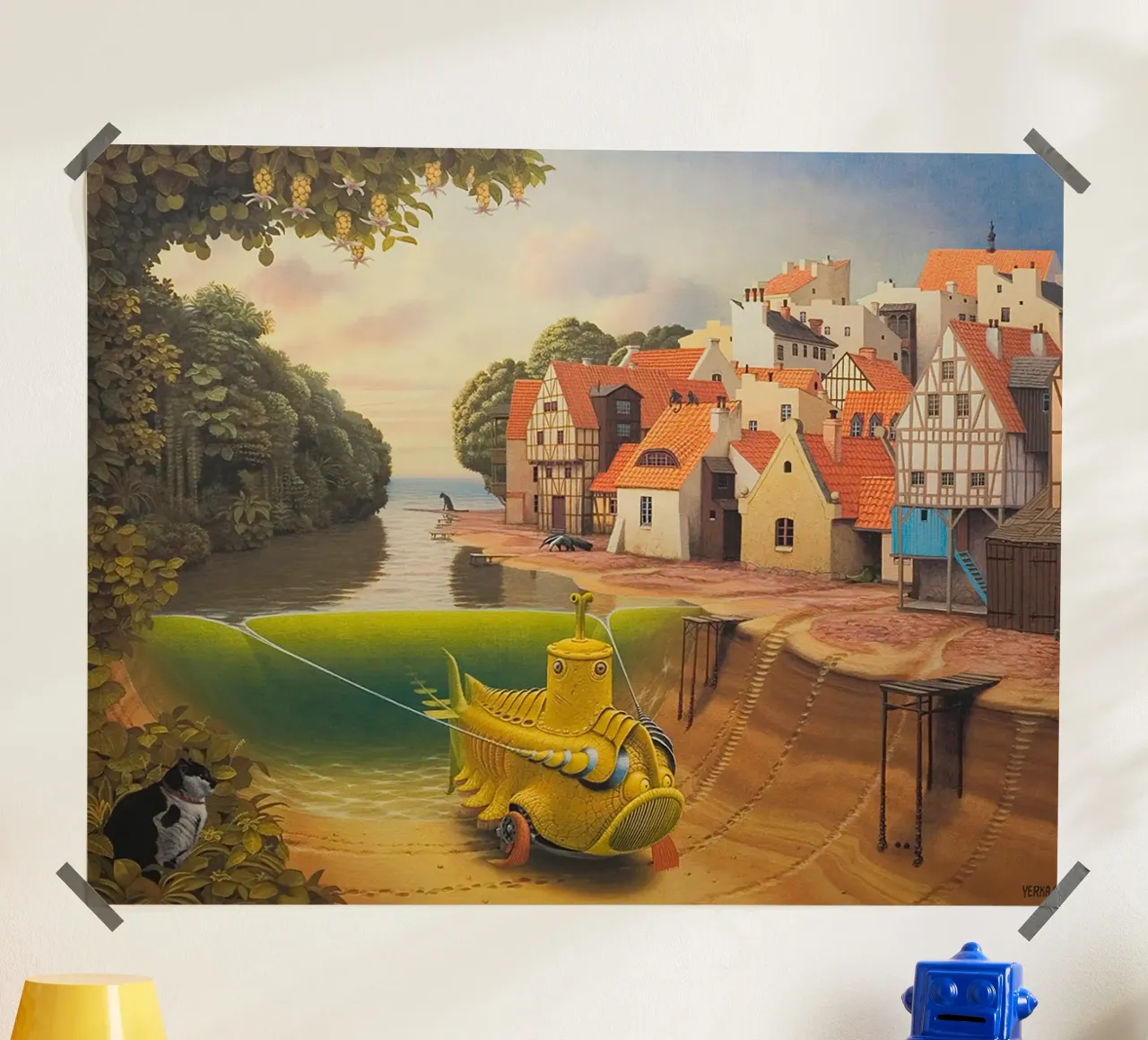 Il fiume nel villaggio di Jacek Yerka poster da Trudeau Art Galley
