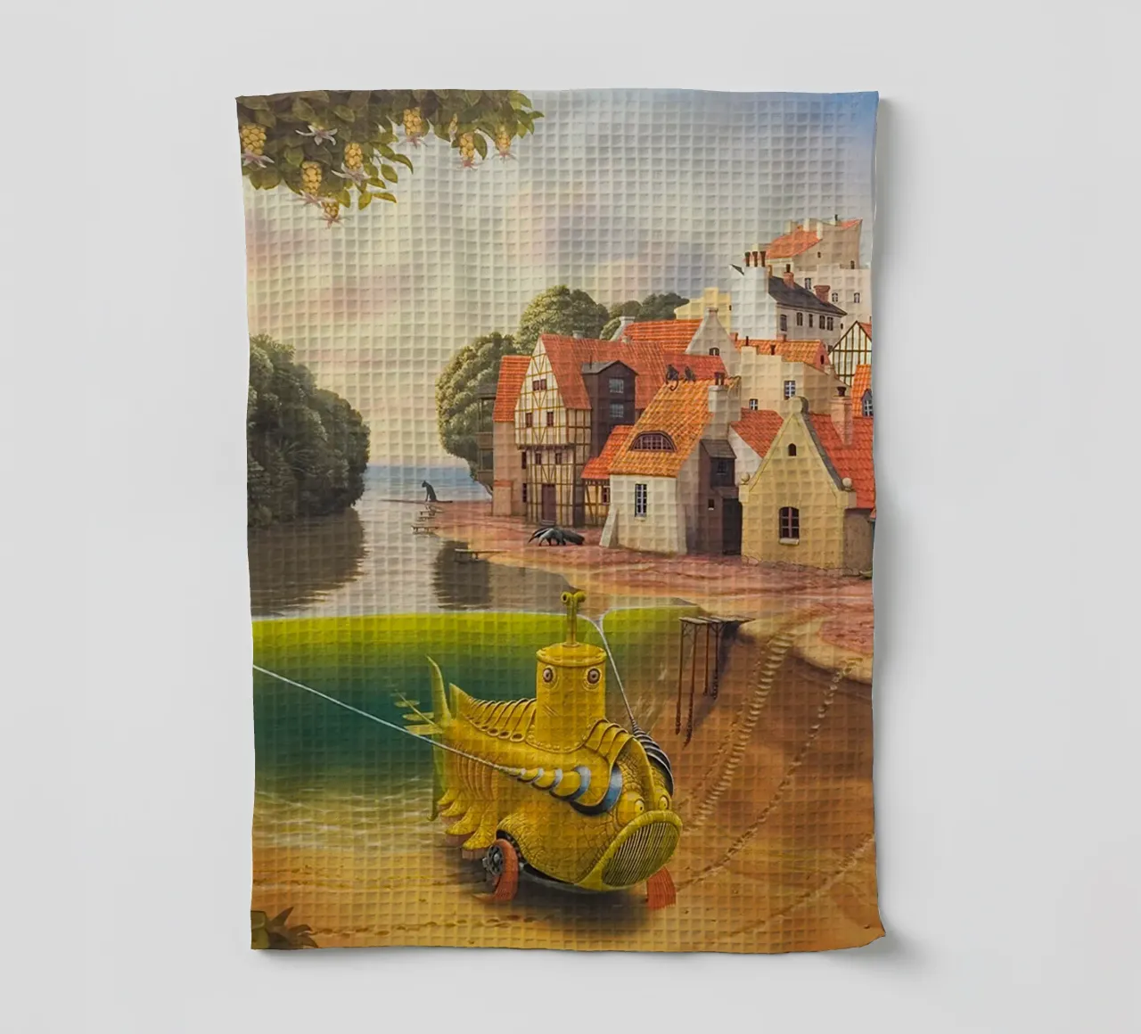 Il fiume nel villaggio di Jacek Yerka canovaccio da cucina da Trudeau Art Galley