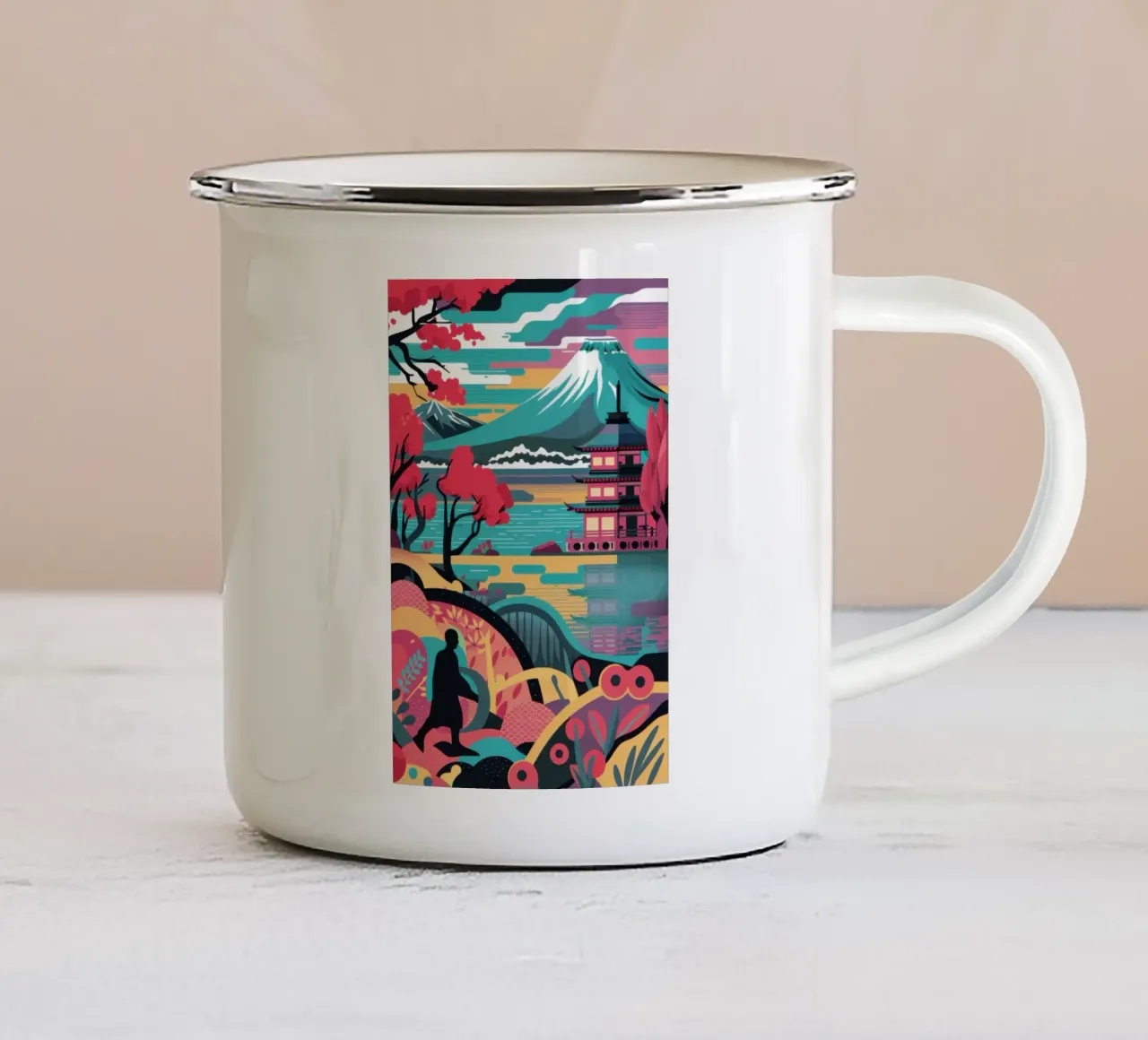 Vibrant Fuji Dreamscape enamel mug by Veil Maya